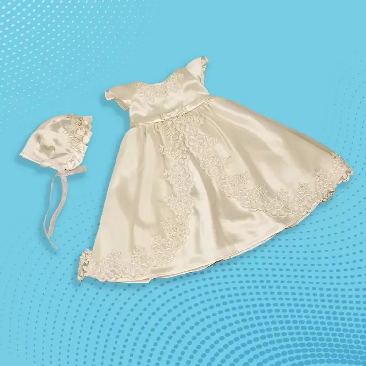 Off White Satin Floral Border Baptism Gown with Bonnet – JBBG22021009