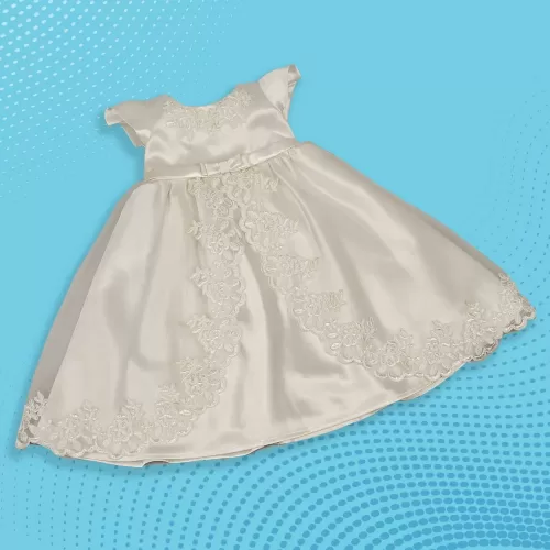 Off White Satin Floral Border Baptism Gown with Bonnet – JBBG22021009