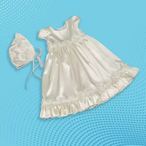 Off White Baptism Gown Super Soft Satin, Floral Net Combo with Bonnet – JBBG22031010