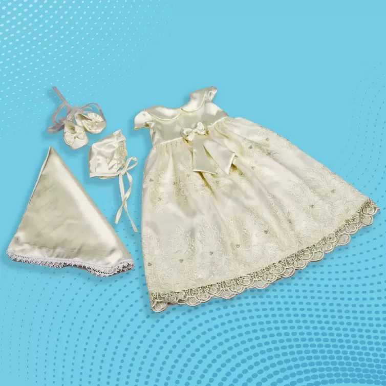 Off white Floral Baptism Dress Combo including Bonnet, Shawl, and Booties – JBBG22021007