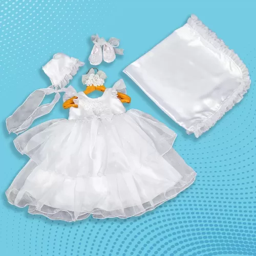 Baptism Gown Tissue Fabric Combo with Booties, Shawl, and Bonnet – JBBG22021001