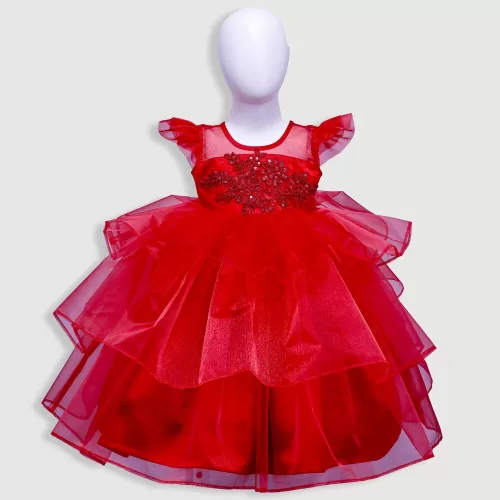 Red Full length Kids Party Wear – Organza Fabric – JBKP22021007