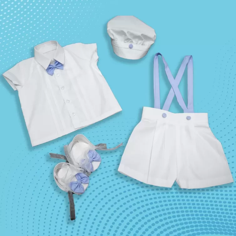 Baptism Dress in White Cotton with Blue Strap for Baby Boys with Handmade Sailors Cap and Booties – JBBG22031013