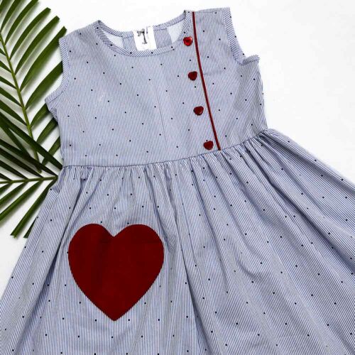 Blue Strips Sleeveless Dress with Red Heart shape Pocket – JBCD2304018