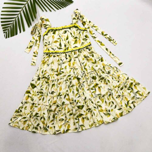 Green Botanical Leaf Printed Sleeveless Tiered Cotton Dress – JBCD2304017