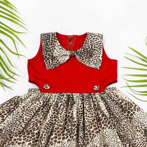 Big Bow Sleeveless Red Denim with Cut Out Waist with Animal Print Flared Bottom- JBCD2304016