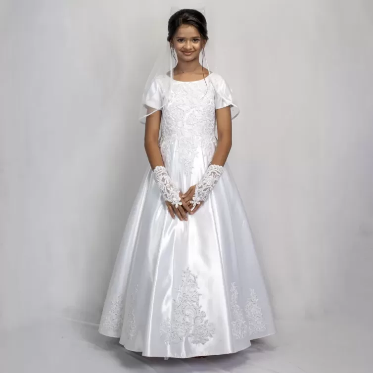 White Floral Satin Communion Gown – JBCG2408001
