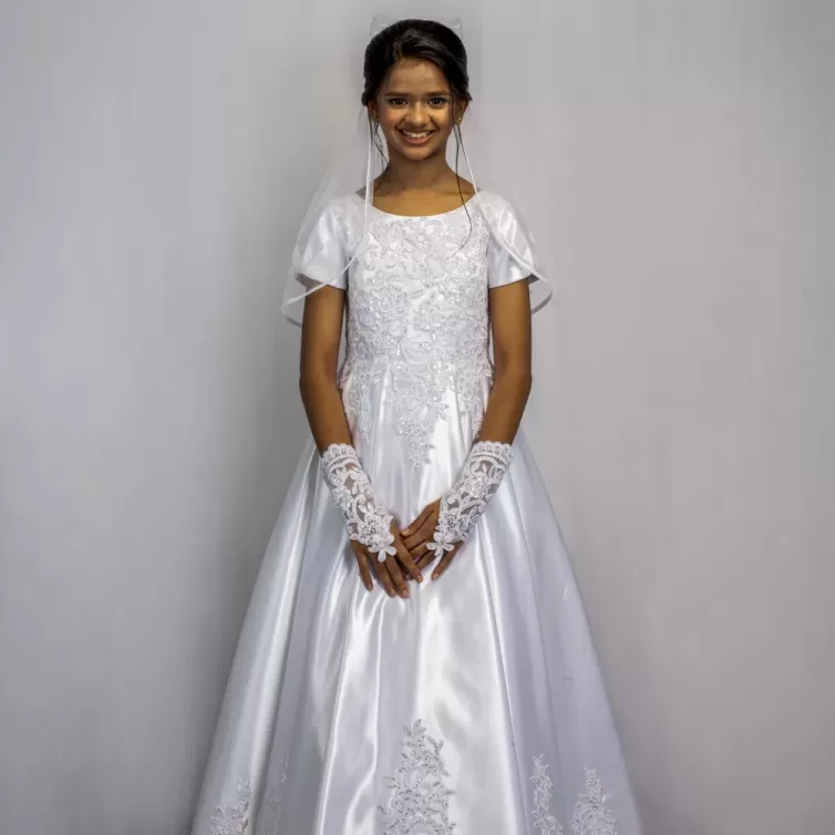 White Floral Satin Communion Gown – JBCG2408001