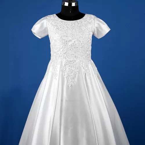 White Floral Satin Communion Gown – JBCG2408001