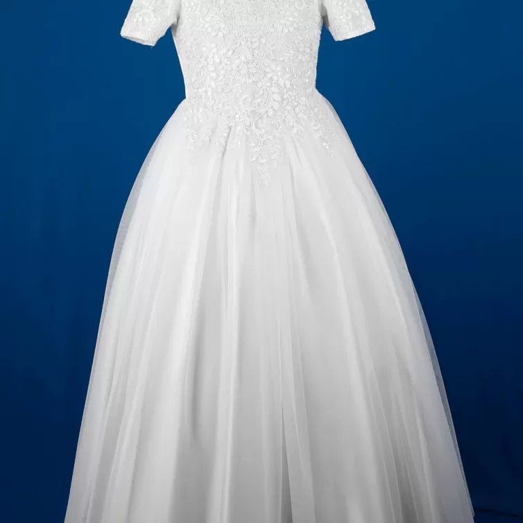 White Floral Embroidered Satin Communion Gown with Net – JBCG2408002