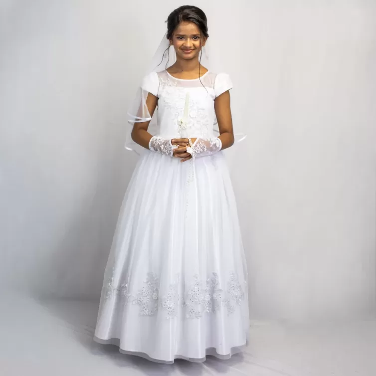 White Floral Embroidered Satin Communion Gown with Handmade Flowers and Net – JBCG2408003