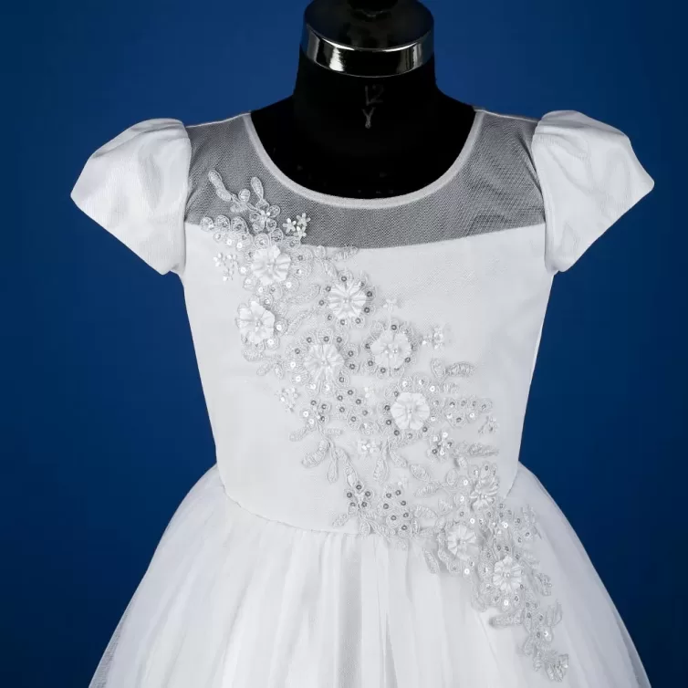 White Floral Embroidered Satin Communion Gown with Handmade Flowers and Net – JBCG2408003