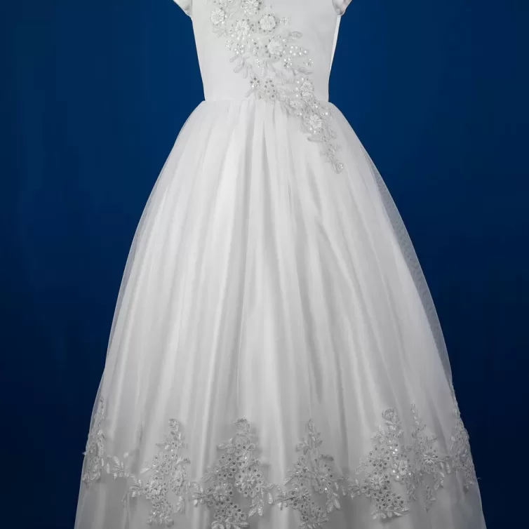 White Floral Embroidered Satin Communion Gown with Handmade Flowers and Net – JBCG2408003