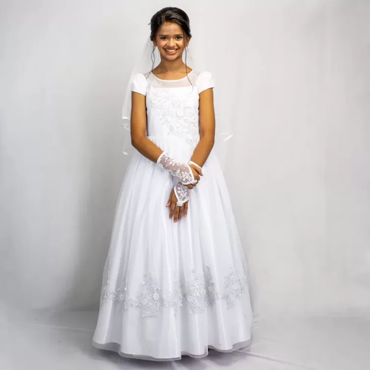 White Floral Embroidered Satin Communion Gown with Handmade Flowers and Net – JBCG2408003