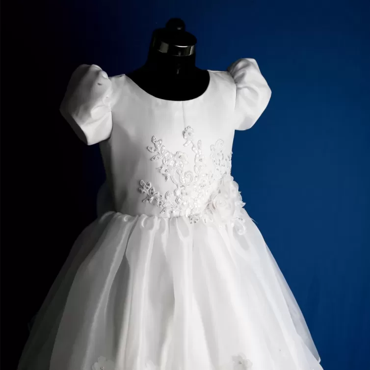 White Satin Communion Gown with Tissue Fabric and Handmade Flowers – JBCG2408004