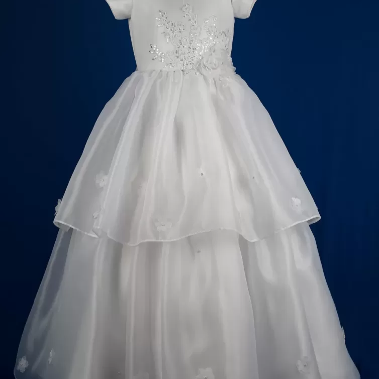 White Satin Communion Gown with Tissue Fabric and Handmade Flowers – JBCG2408004