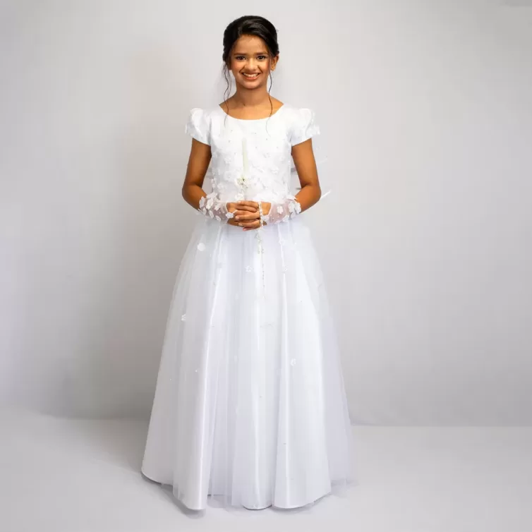 Minimal Grace Communion Gown Combo with Veil and Hand Gloves – JBCG25100010