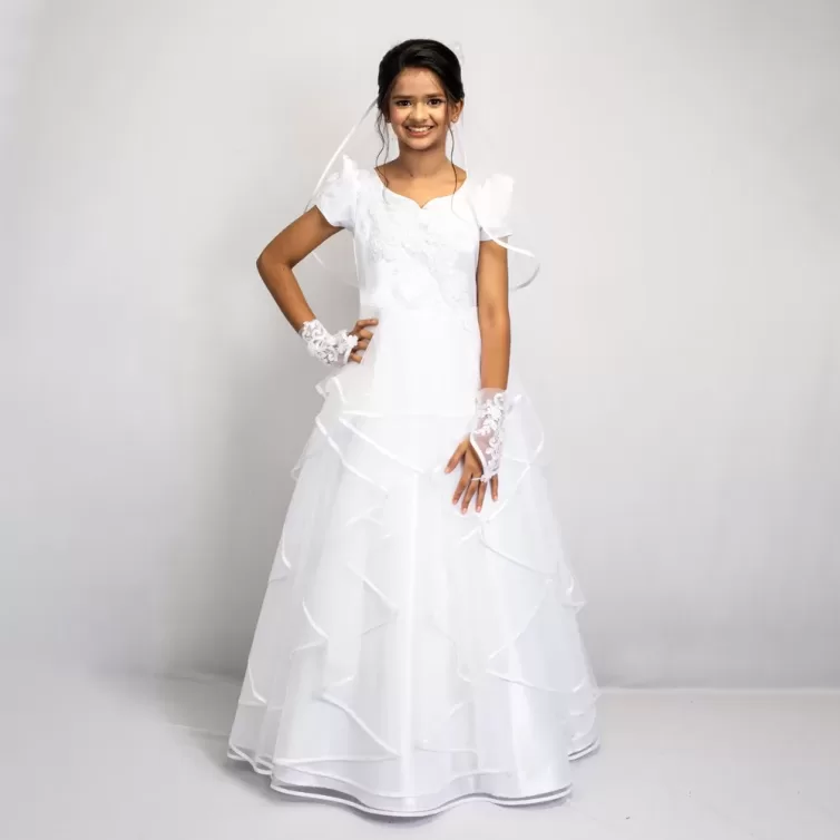 Modern Angel Communion Gown Combo with Veil and Hand Gloves – JBCG25100011