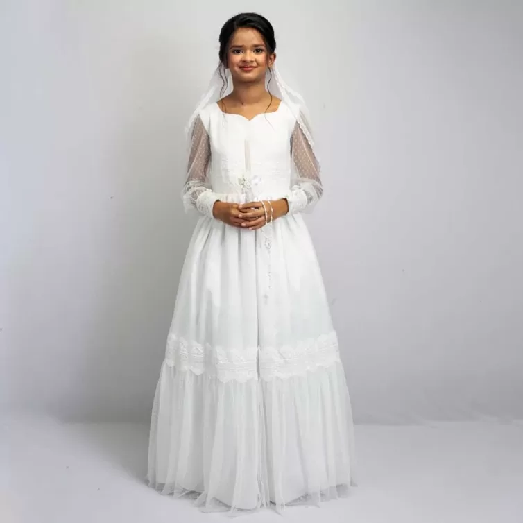 Luminous Lace First Communion Gown Combo with Veil and Hand Gloves- JBCG25100013