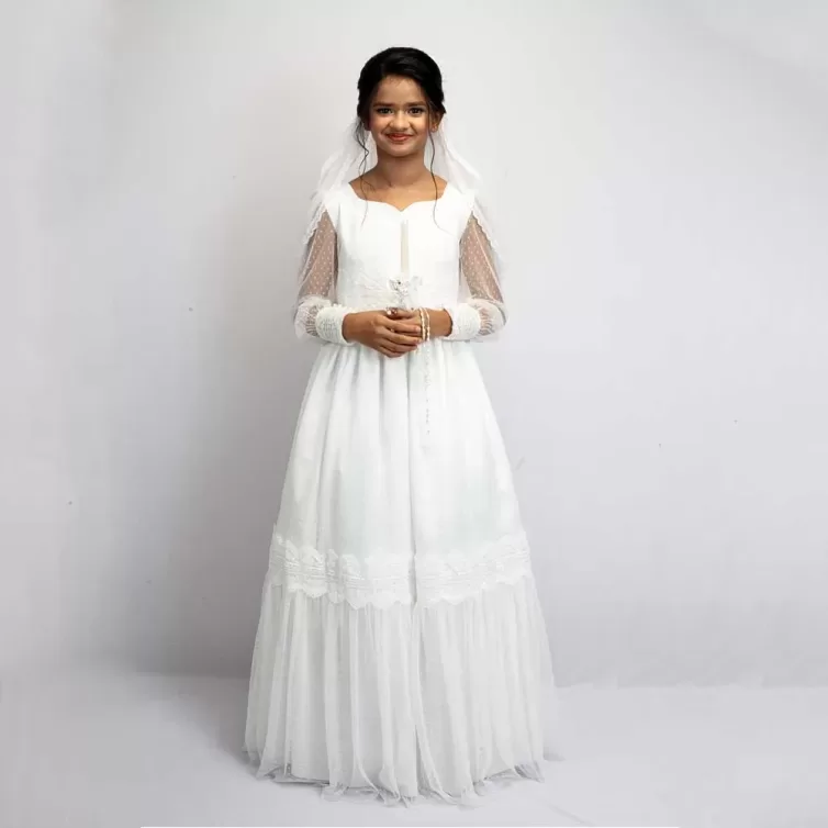 Luminous Lace First Communion Gown Combo with Veil and Hand Gloves- JBCG25100013