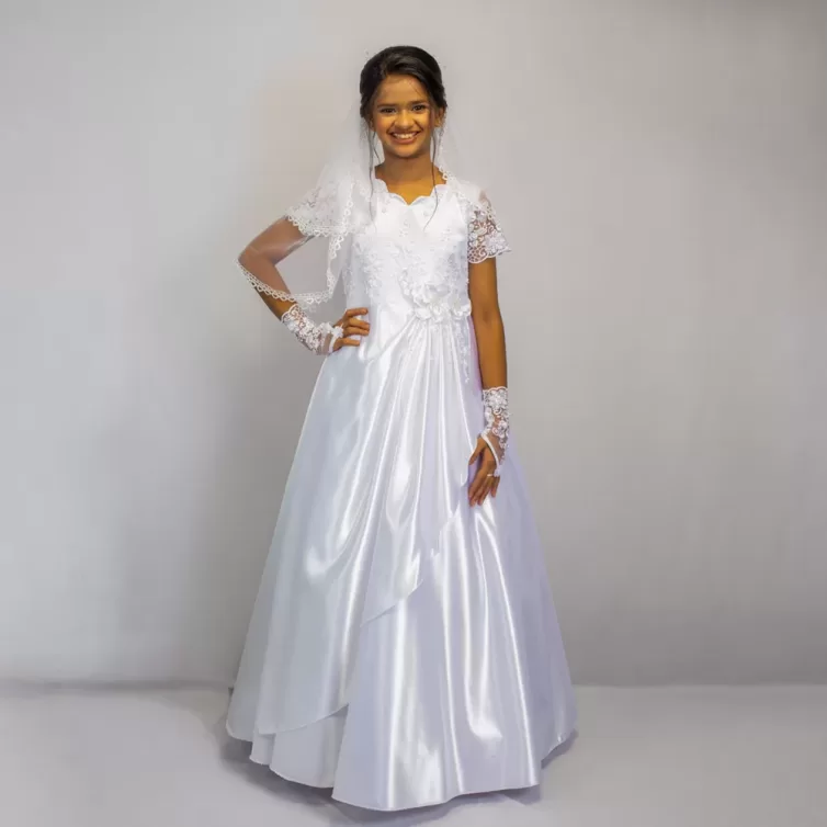 Timeless White Communion Gown Combo with Veil and Hand Gloves- JBCG25100012