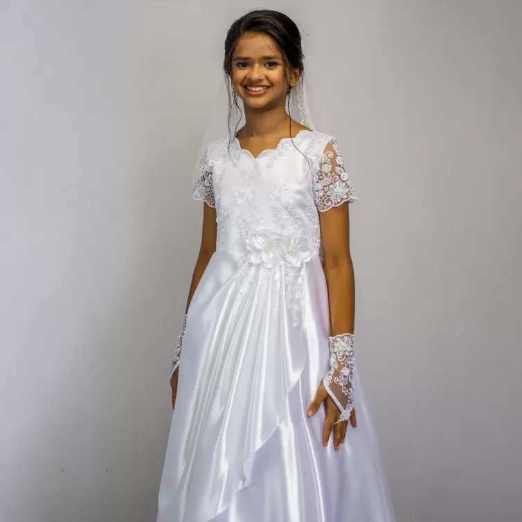 Timeless White Communion Gown Combo with Veil and Hand Gloves- JBCG25100012