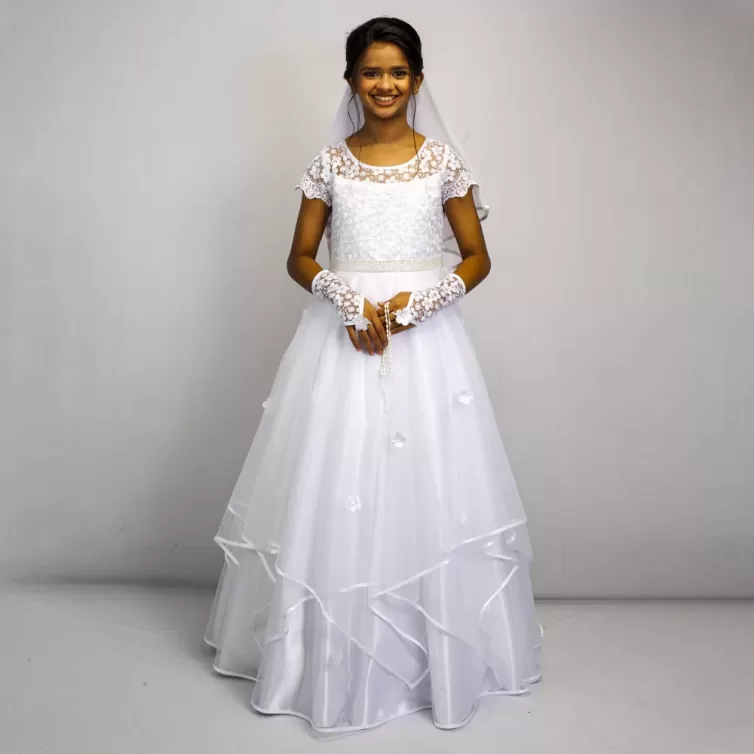 Sacred Elegance White Communion Dress Combo with Veil and Hand Gloves- JBCG25100014