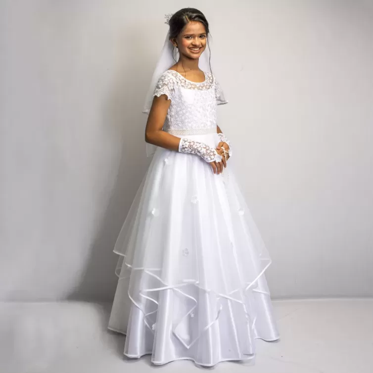 Sacred Elegance White Communion Dress Combo with Veil and Hand Gloves- JBCG25100014